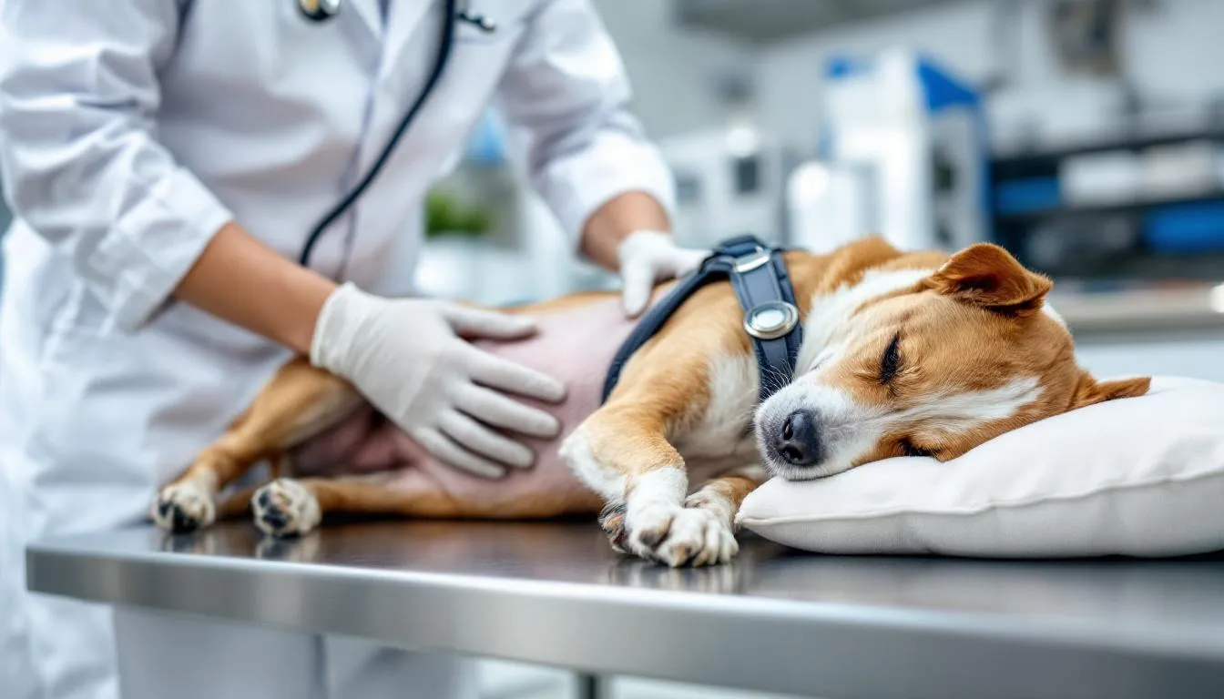 A veterinarian is carefully examining a dog
