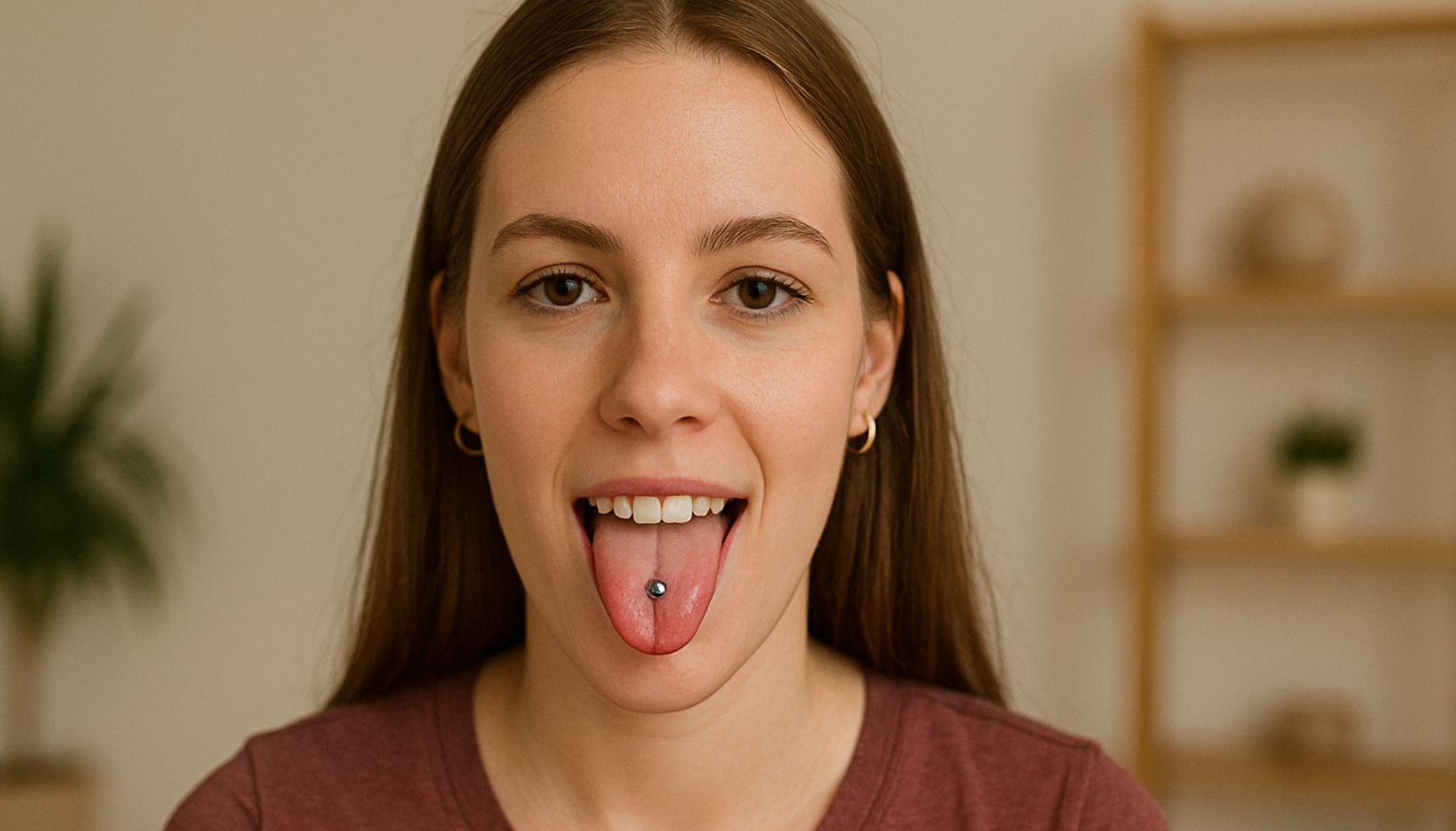 Ung kvinne viser frem tungepiercing med et smil.