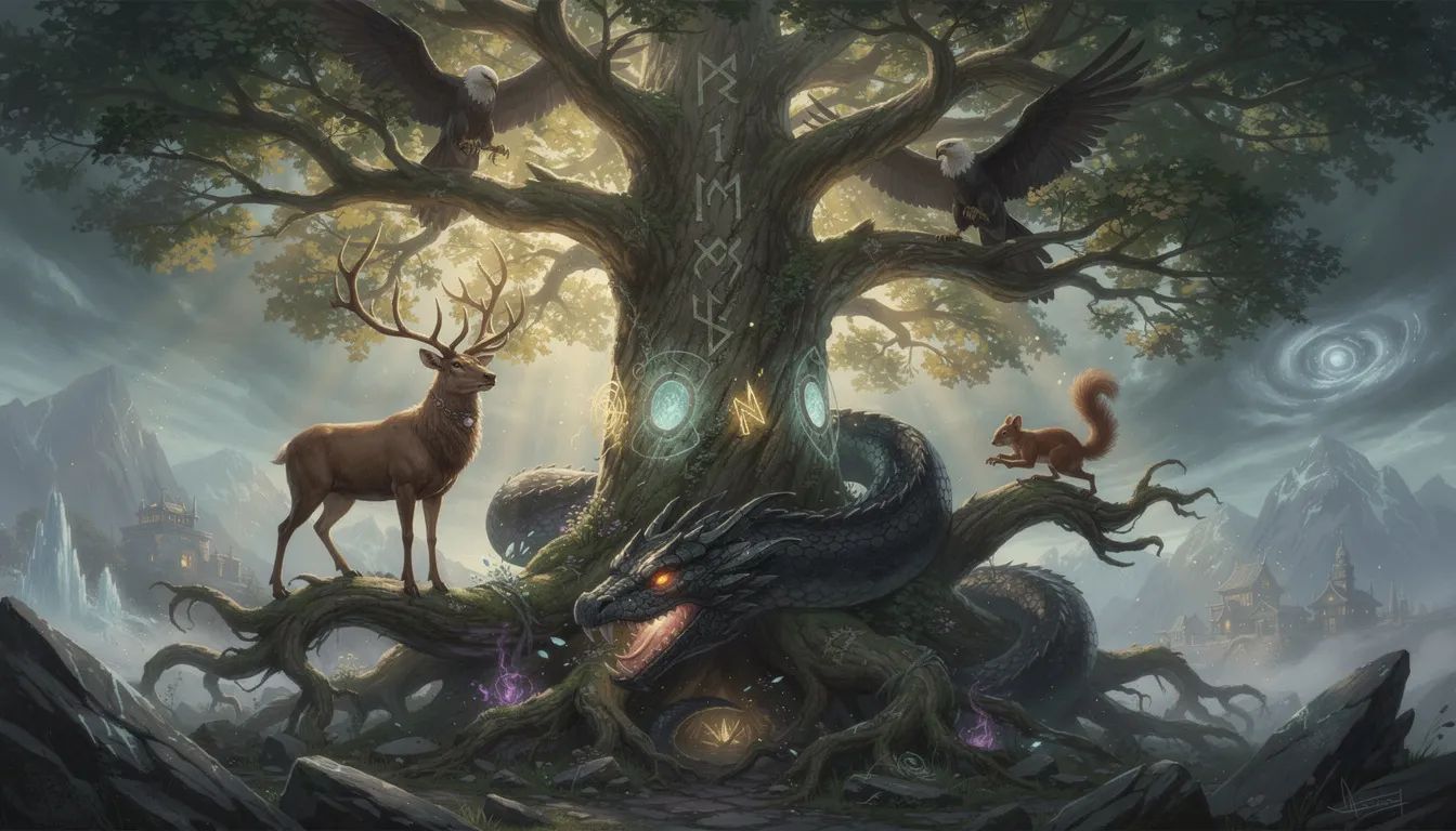 En gammal nordisk trädkonstruktion, symboliserande världsträdet Yggdrasil, omgiven av mytologiska varelser som representerar olika aspekter av den nordiska mytologin. Trädet utstrålar en känsla av mystik och historia, vilket gör det till en fascinerande del av spelvärlden, inklusive populära Yggdrasil slots som "Vikings Go Berzerk" och "Valley of the Gods".