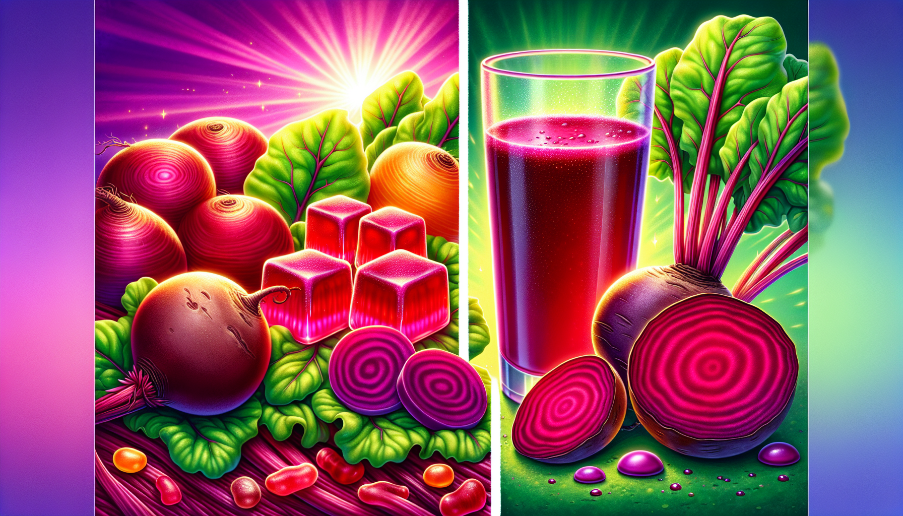 An illustration comparing beet root gummies to other forms of beetroot.