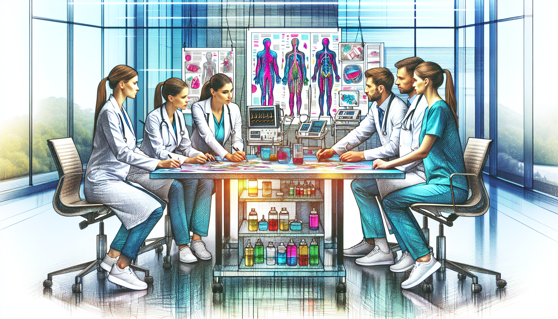 An illustration depicting specialized care for chronic and complex wounds, showcasing a team of wound care specialists.