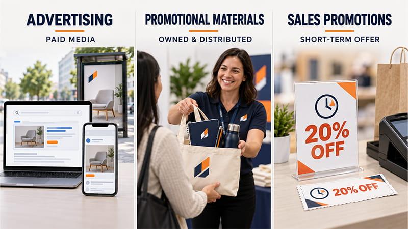 Alt Text:Comparison of advertising, promotional materials, and short-term sales promotions