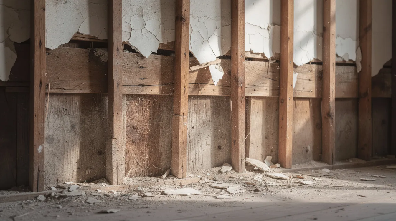 This close-up view showcases the exposed wall framing and old plaster of a historic home undergoing renovation, highlighting the original features that contribute to the home's unique character. The image captures the essence of restoring an old house while preparing for modern living updates.