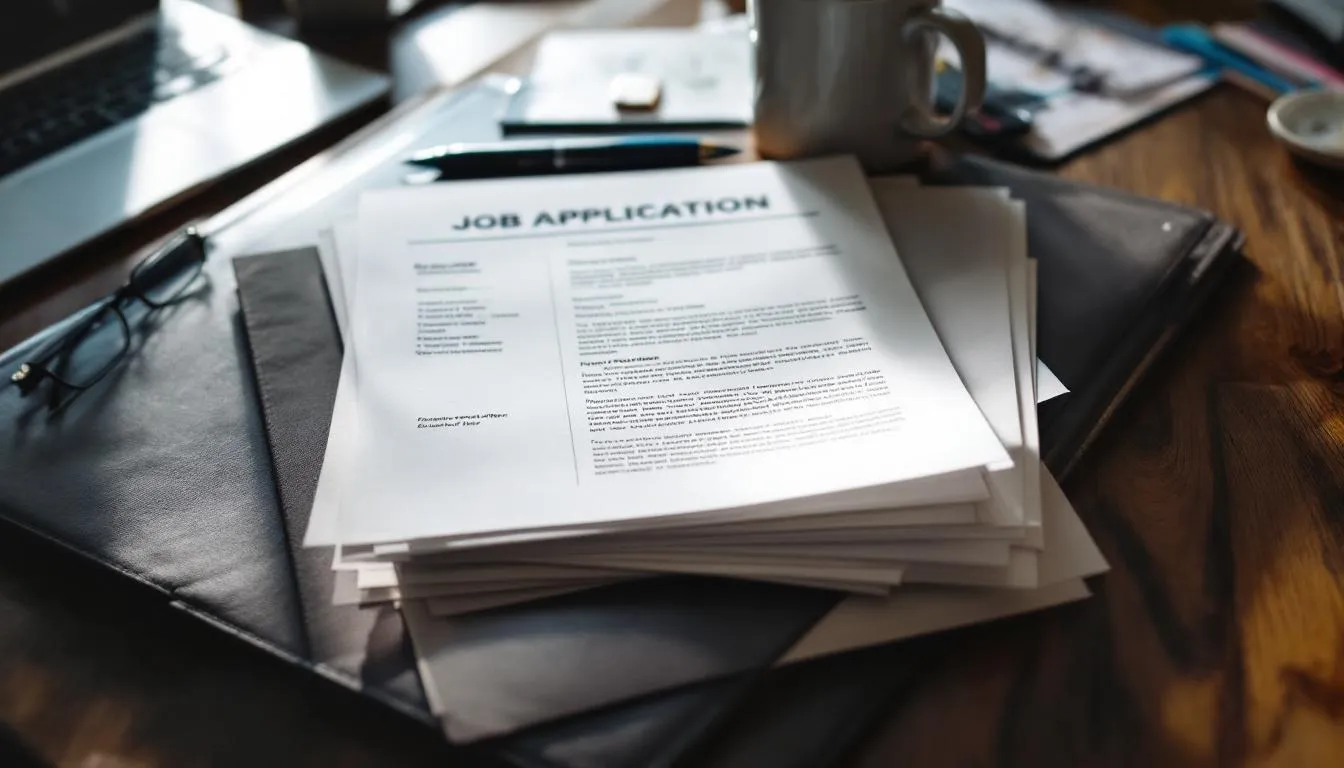 Bewerbungsmappe wie Anschreiben und Lebenslauf - Form auf dem Tisch eines Arbeitsplatzes.