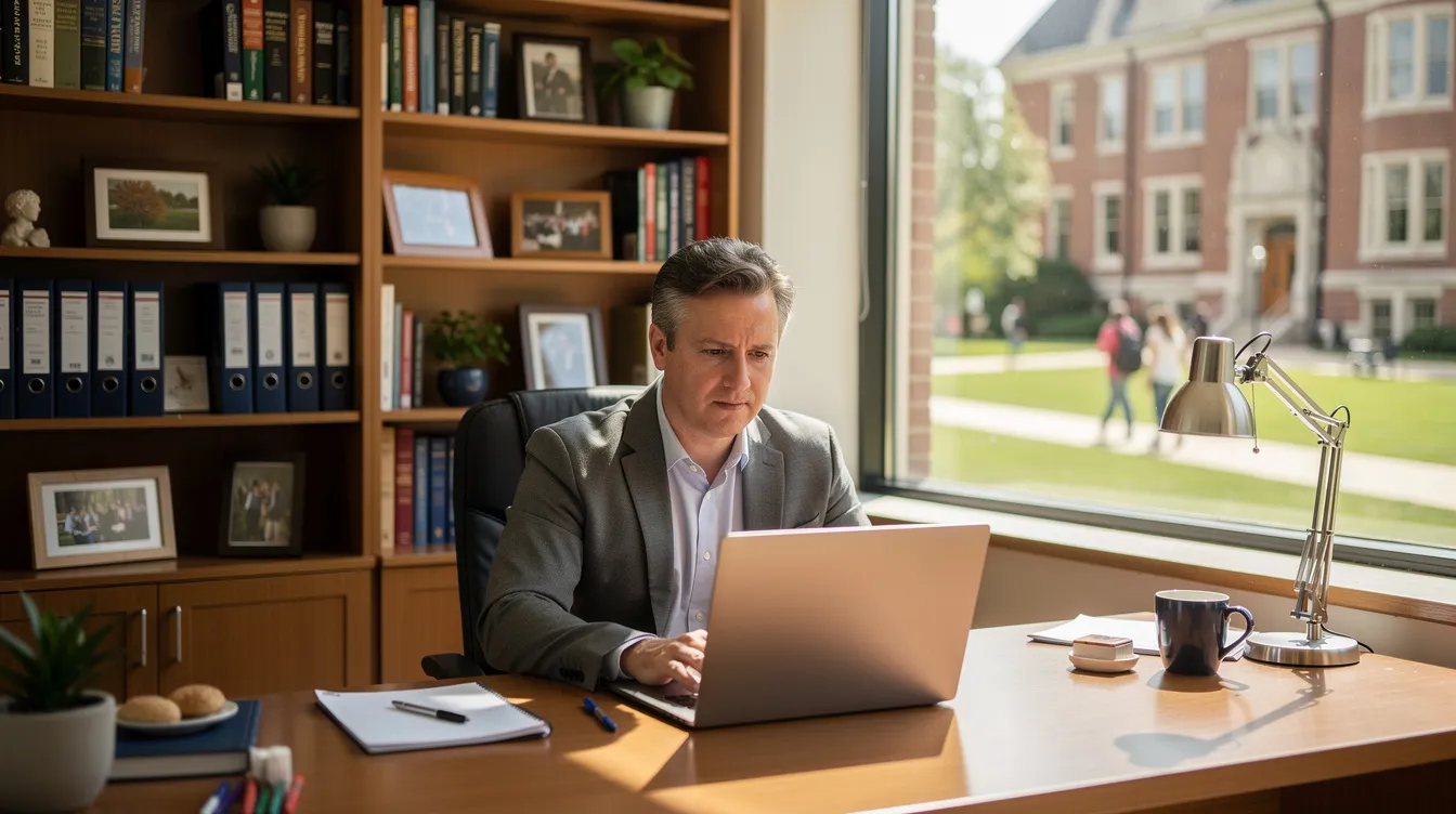 An educator is seated at a desk in a campus office, intently focused on their laptop screen, while shelves filled with books and a view of the campus scenery are visible through a window. This setting highlights the importance of Title IX training and the educator's role in ensuring compliance with regulations related to sexual harassment and misconduct in higher education.