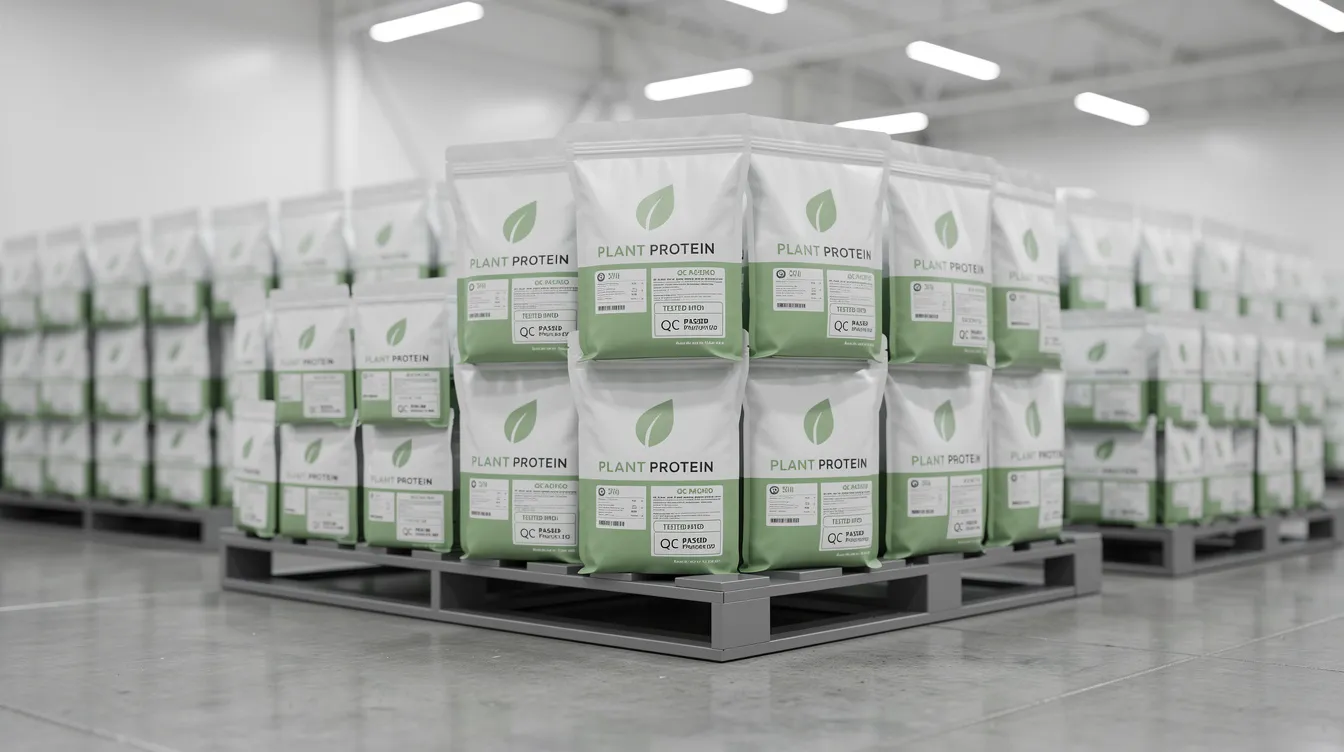 bbe31081 f505 44c0 9531 84d957e5fedf The image shows stacked bags of plant protein powder, specifically pulse protein products, in a clean warehouse facility adorned with quality inspection labels, highlighting their nutritional and functional properties. This setting emphasizes the importance of protein quality, including amino acid composition and protein digestibility, in the food industry.