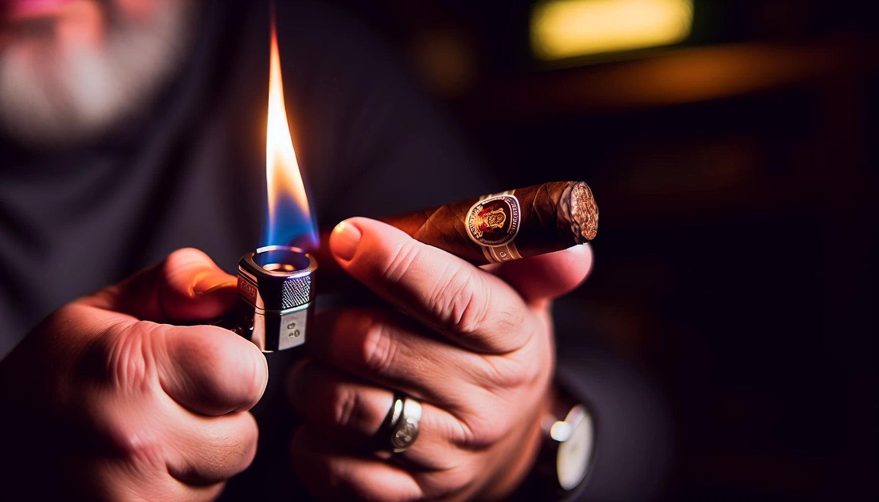 A close-up of a lit Hoyo de Monterrey Dark Sumatra No. 1 cigar