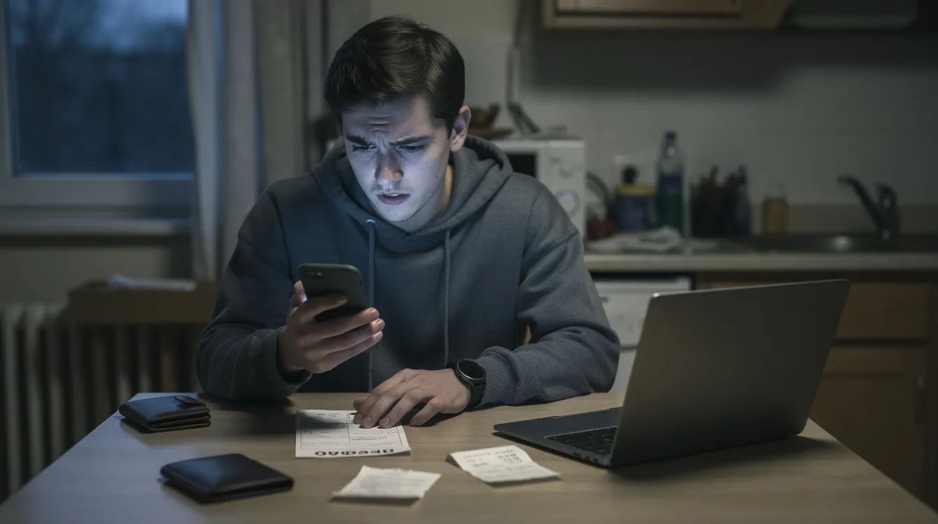 A worried person is intently checking their phone, symbolizing the stress associated with financial issues and the challenges of managing loans or applying for 免 tu 貸款. Their expression reflects anxiety over their financial situation, possibly related to their 信貸 評分 or the need to understand their repayment obligations.
