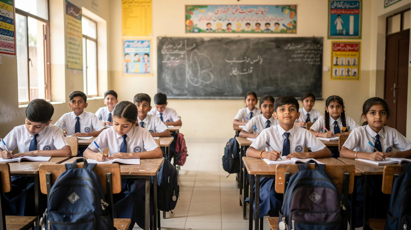 The image shows a group of children in school uniforms sitting attentively at their desks in a bright classroom in Pakistan, highlighting the importance of education and social protection initiatives like the Benazir Income Support Programme. The cheerful atmosphere reflects a commitment to learning and the future of these young students.