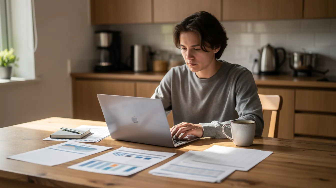 The image depicts a self-employed person working diligently on a laptop at a kitchen table, surrounded by various documents. This scene reflects the daily life of individuals managing their business expenses and navigating the complexities of social security disability insurance while striving for financial stability.