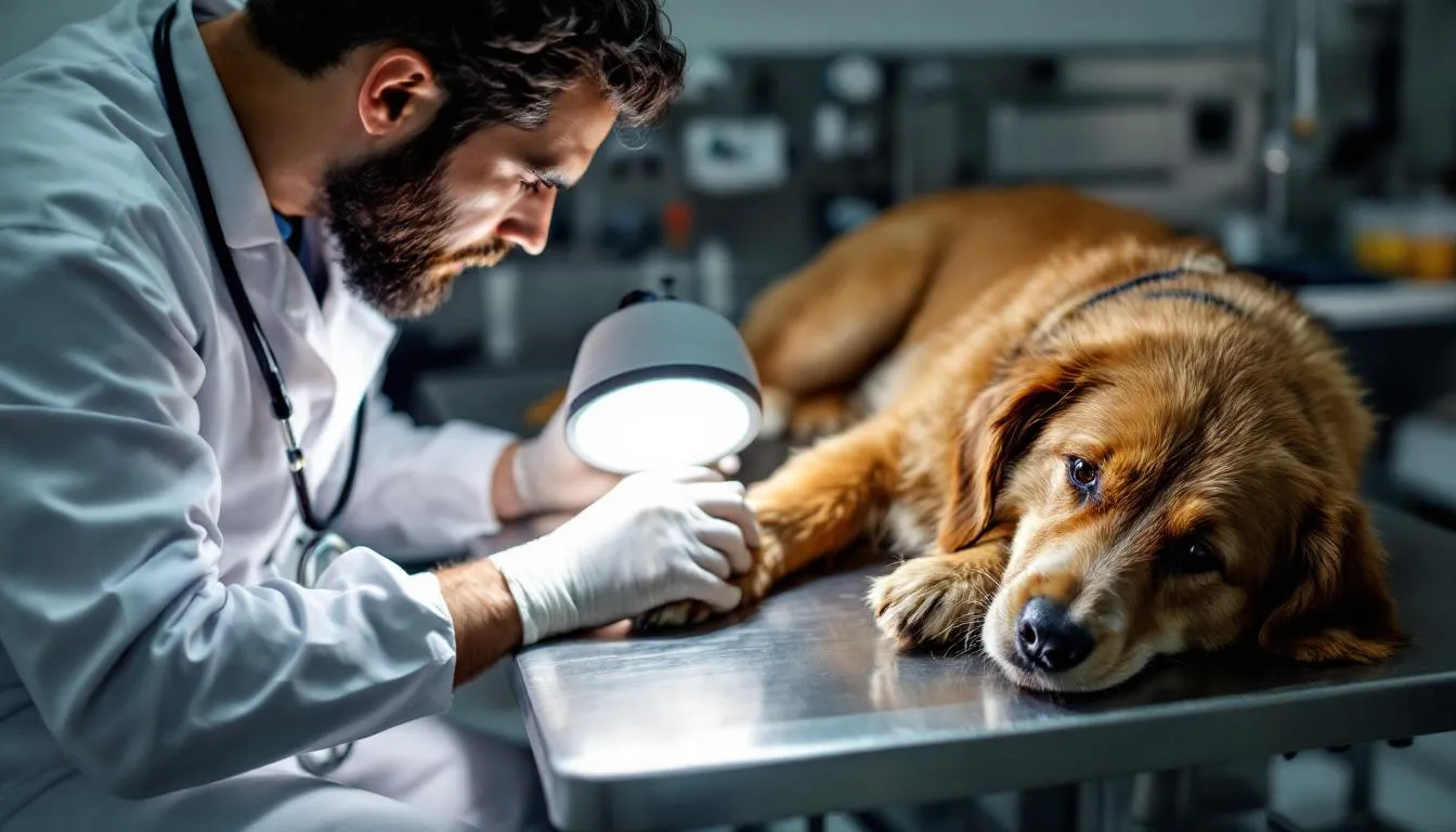 A veterinarian is examining a dog