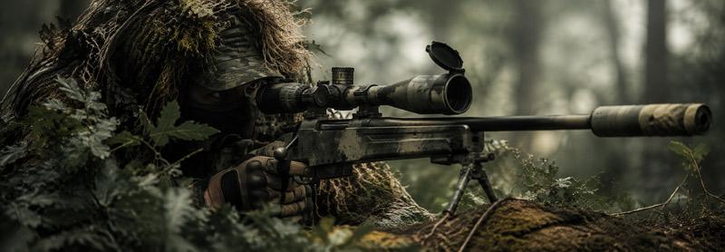 an airsoft playr in the sniper role getting ready to shoot