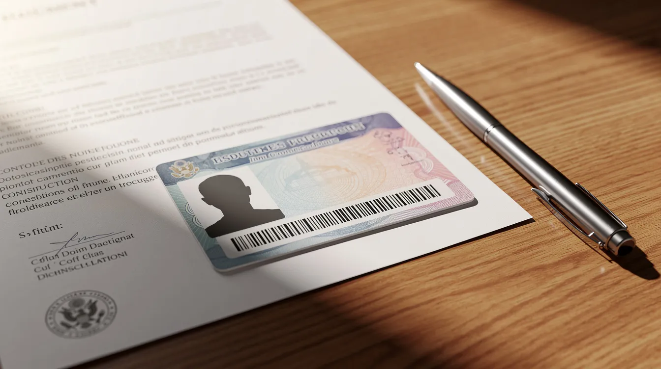 The image shows a wooden desk with official documents, a government-issued ID card, and a pen neatly arranged, suggesting a process of security verification related to firearms licenses or permits in Puerto Rico. This setup may indicate a person preparing to complete necessary forms for legal possession of guns or a concealed carry permit.