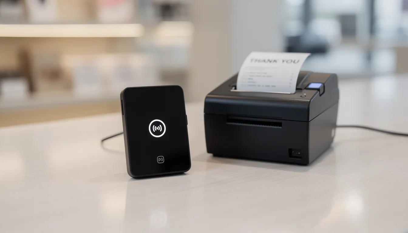 The image shows a modern point of sale (POS) system setup on a retail counter, featuring a card reader and a receipt printer. This configuration is designed to streamline payment processing and enhance customer experience during transactions.