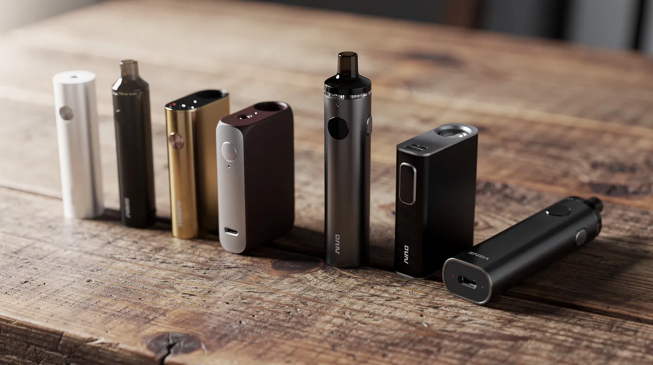 Auf einem Holztisch sind verschiedene portable Vaporizer angeordnet, darunter Modelle wie der Arizer Solo 3, der Tinymight 2 und der Potv Lobo. Diese tragbaren Kräuterverdampfer zeichnen sich durch ihre Benutzerfreundlichkeit, die Bauqualität und die Möglichkeit aus, die Temperatur für den besten Geschmack anzupassen.