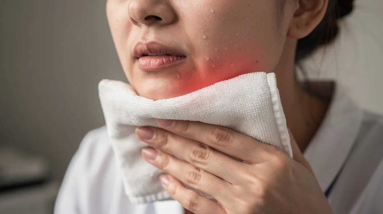 A person is holding a cold compress wrapped in cloth against their lower face, likely to minimize swelling after lip filler injections. This soothing treatment can help during the healing process, ensuring a more comfortable recovery and better results from the lip enhancement procedure.