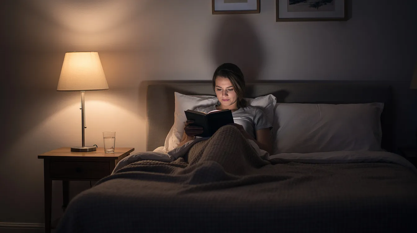 En person ligger i sängen och läser, belyst av en sängbordslampa som ger ett mjukt ljus. Lampan, med en stilren design, skapar en mysig atmosfär i rummet och passar perfekt som ljuskälla för avkoppling.
