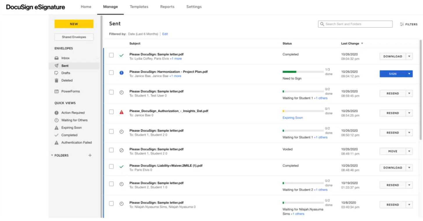 DocuSign eSignatur-grensesnitt for håndtering av kontrakter og dokumentstatus