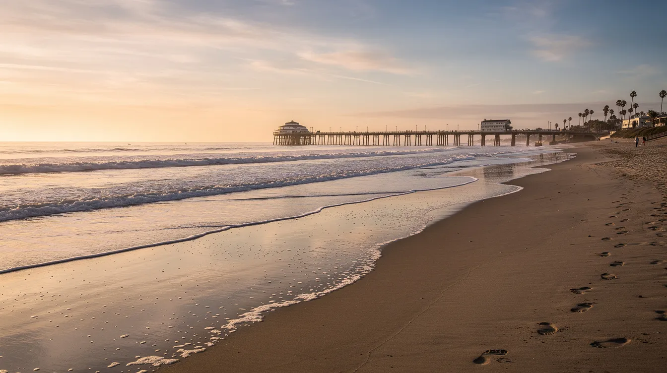 The image depicts a serene coastline near Huntington Beach, California, featuring gentle ocean waves lapping against a sandy beach. This tranquil scene embodies the essence of well-being and healing, an important aspect of mental health journeys for individuals seeking peace and recovery.