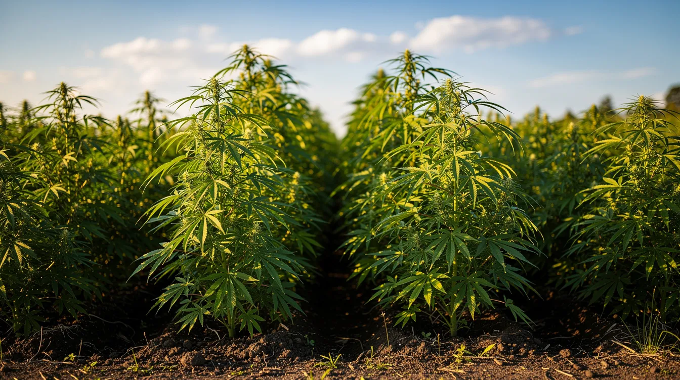 The image shows a vibrant field filled with lush green hemp plants basking in sunlight, representing the cultivation of cannabis sativa. This agricultural setting highlights the growing interest in hemp derived compounds and their legal status under federal and state laws, including the Iowa hemp law.