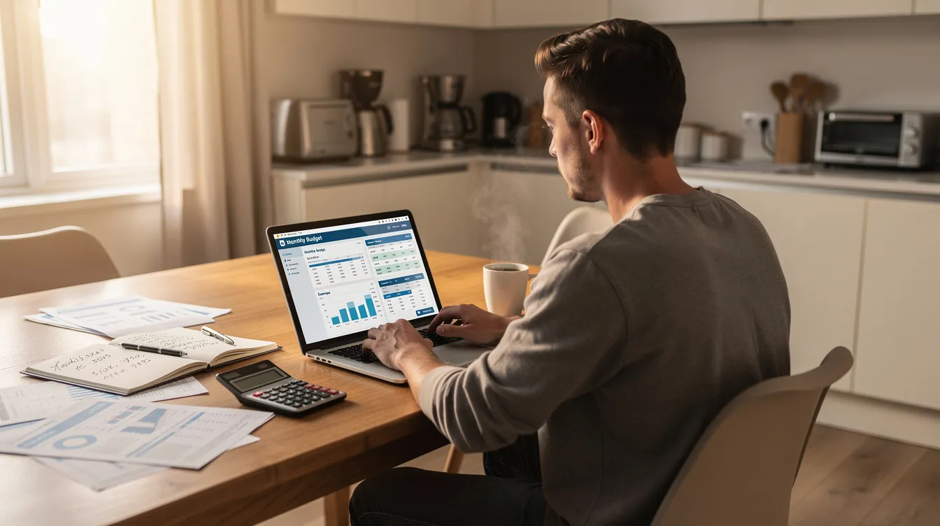 A person is seated at a kitchen table, focused on their laptop as they review financial data related to investment properties and rental income. The scene suggests a casual yet productive environment where they may be considering using a home equity line to finance their real estate portfolio.