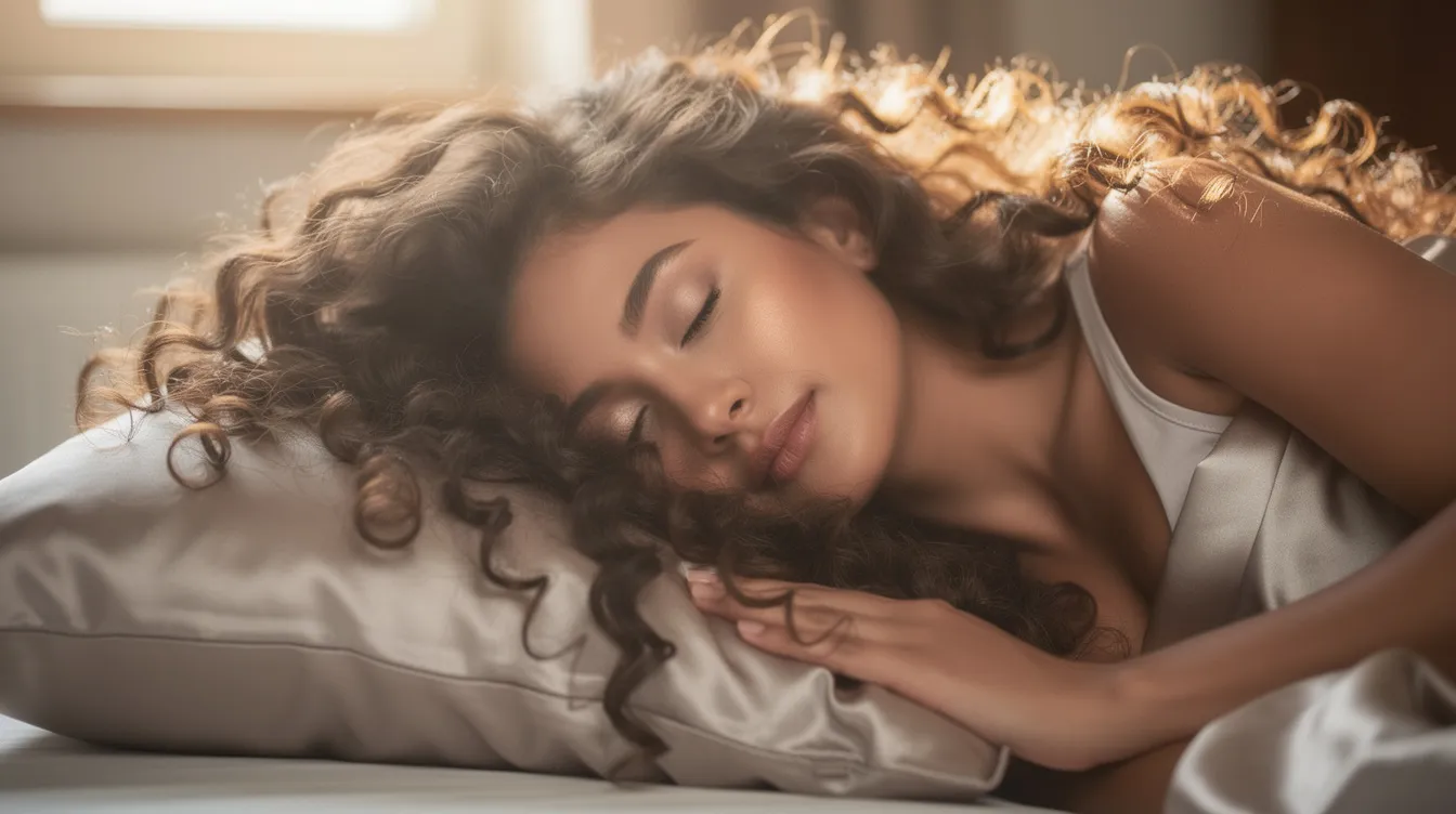 A woman with long, curly hair is peacefully sleeping on a smooth satin pillowcase, bathed in soft morning light. The satin fabric not only enhances her beauty sleep but also helps in maintaining healthier hair and hydrated skin by reducing friction and retaining moisture.