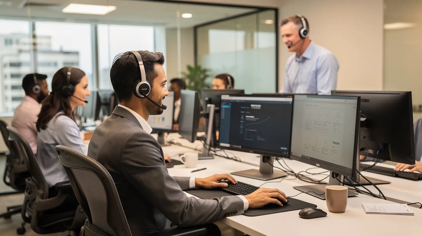 The image depicts a professional call center team, all wearing headsets, focused on their computer stations as they assist clients. This environment is likely engaged in discussions about insurance coverage for rideshare drivers, addressing various inquiries related to liability insurance and accident claims.