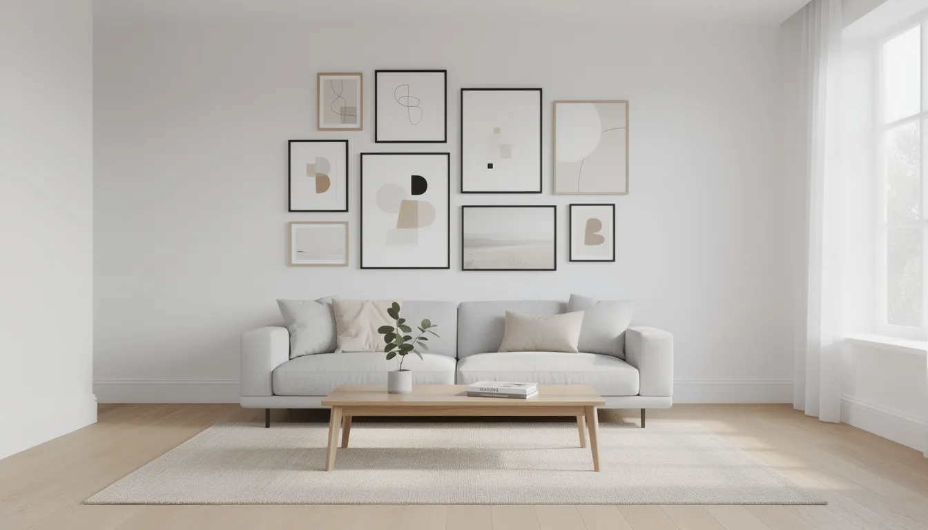 A bright modern living room features a minimalist gallery wall adorned with various framed artwork and art prints, showcasing a selection of styles and colors that enhance the space