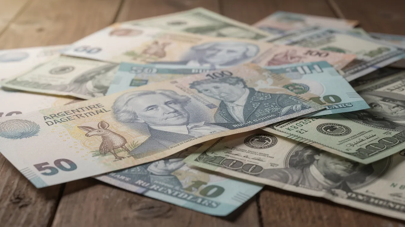The image features a close-up view of Argentine pesos banknotes and US dollar bills arranged on a wooden table, highlighting the contrast between local currency and US dollars. This depiction reflects the financial landscape in Argentina, where individuals may manage bank accounts in both currencies for various banking options and services.