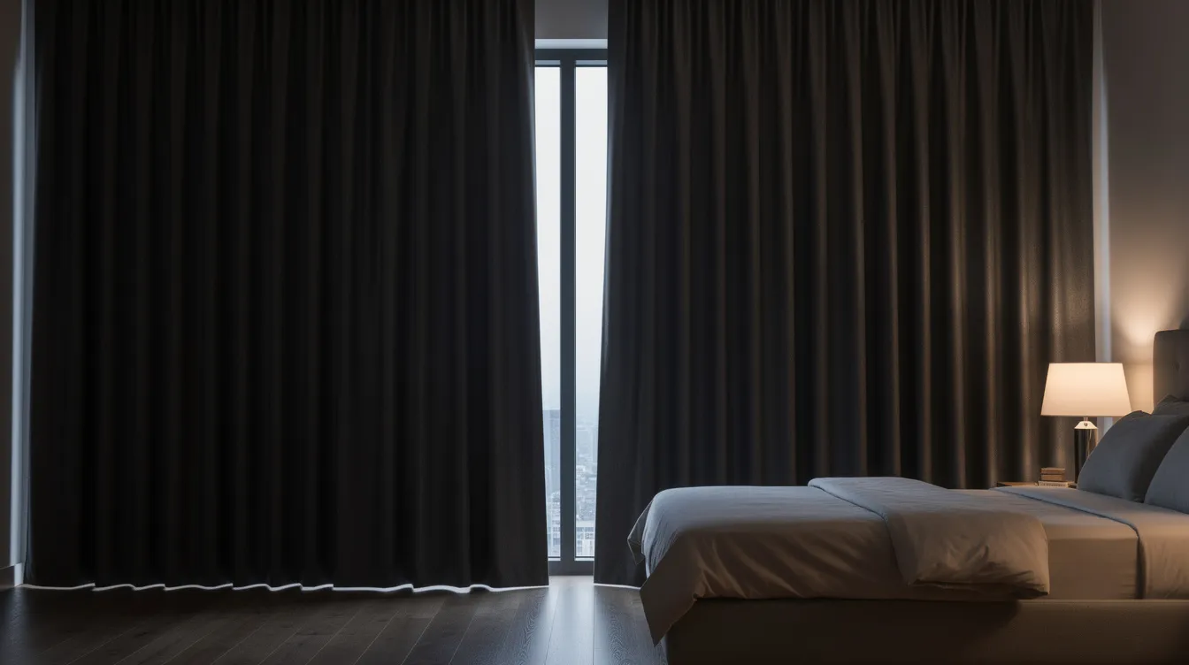 The image depicts heavy blackout curtains fully covering a large bedroom window, effectively blocking out environmental noise and creating a quiet atmosphere for a good night&rsquo;s sleep. These curtains help reduce nighttime noise, providing a peaceful environment conducive to quality rest.