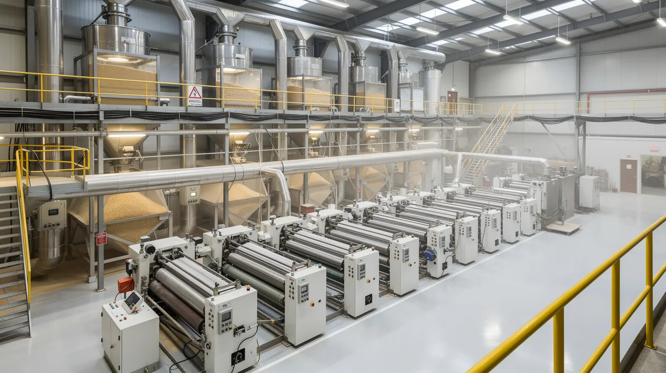 bc008cab d7e4 4538 a4c7 0ab43ddb24d4 The image shows the interior of a multi-floor industrial wheat flour milling plant, featuring advanced roller mills and conveyor systems used for processing wheat. Various machinery is visible, illustrating the complex production process that converts wheat grain into flour, including the separation of bran and endosperm.