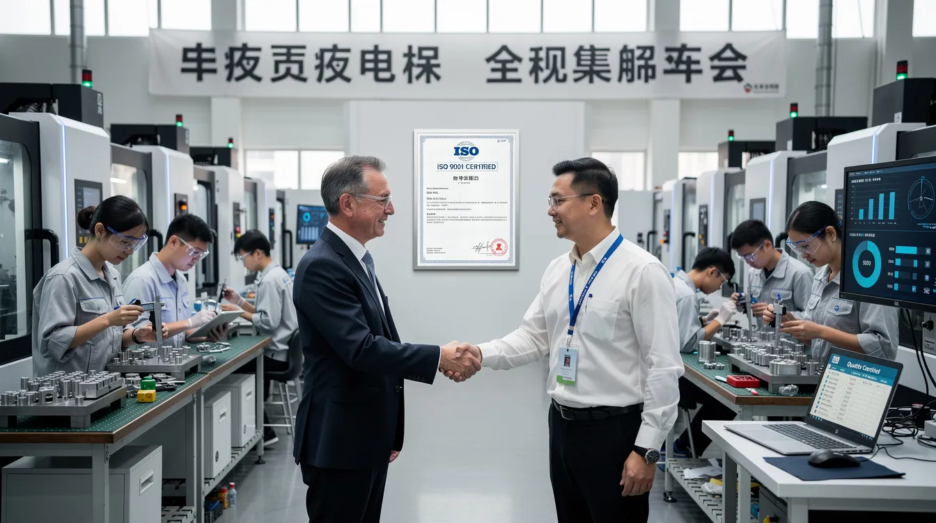 The image illustrates a modern CNC machining factory in China, showcasing advanced CNC machines and milling machines used for precision machining. Workers are seen operating CNC lathes and machining centers, highlighting the commitment to high precision and strict quality control in the production of machined parts and components.