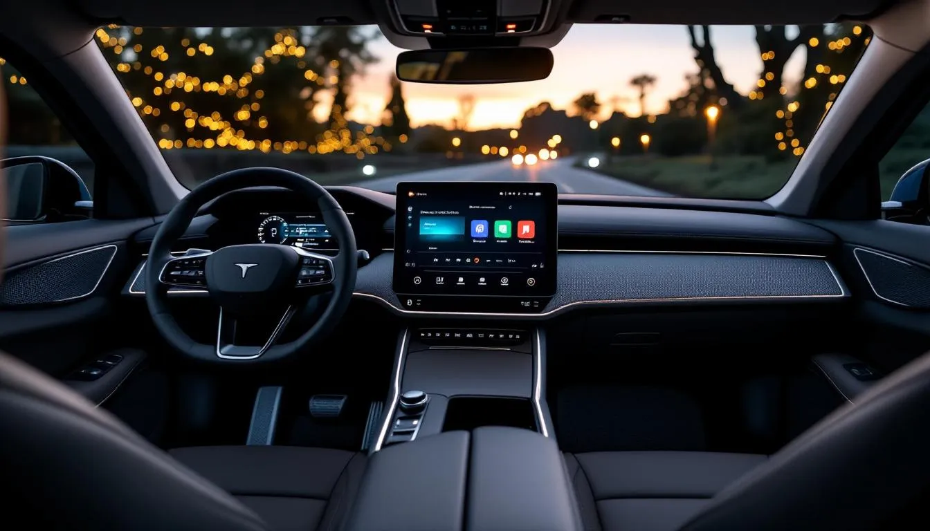 The image showcases a modern car interior featuring a premium audio system with high-quality speakers and a sleek touchscreen display. This setup is designed to enhance the driving experience, providing powerful bass and superior sound performance for music lovers on their journey.