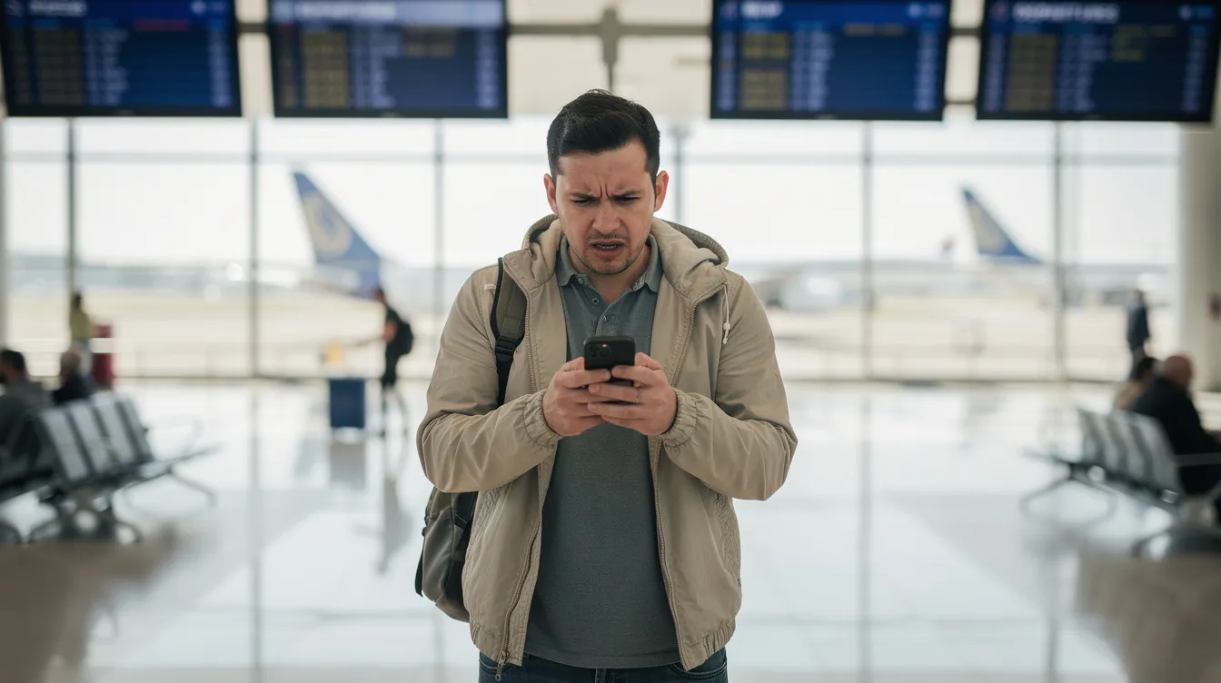 A person stands in an airport terminal, looking puzzled at their smartphone while trying to troubleshoot their mobile data connection. Their confused expression suggests they may be dealing with issues related to network settings or needing to reset network settings for their esim plan.