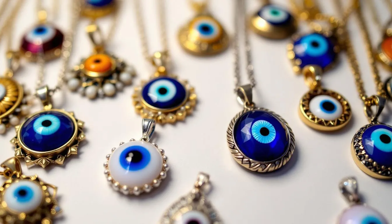 A close-up view of various evil eye necklace pendants showcases a vibrant collection of designs and colors, each symbolizing protection against bad luck and negative energies. The intricate details and gemstones highlight the cultural significance of these ancient symbols, believed to ward off evil spirits and exude positivity.