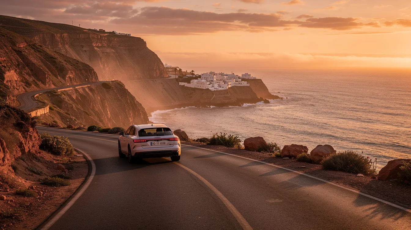 Un coche de alquiler circula por una carretera costera en Marruecos, con vistas al océano Atlántico mientras el sol se pone en el horizonte, creando un ambiente tranquilo y pintoresco ideal para disfrutar de un viaje por Casablanca.