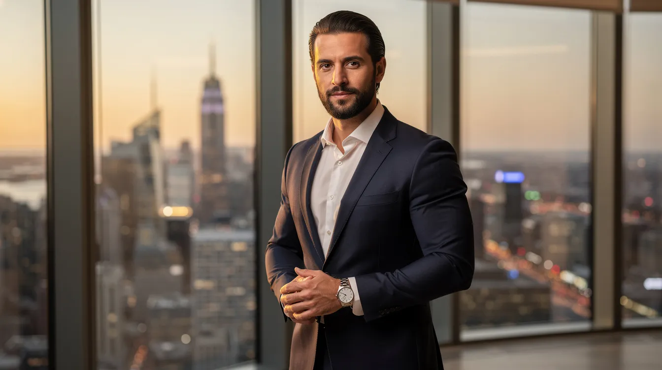 The image depicts a confident high value man standing tall, exuding self-assurance and emotional intelligence, reflecting his commitment to self-development and healthy relationships. He embodies the qualities of successful men who understand the importance of communication, respect, and the pursuit of their dreams in life.