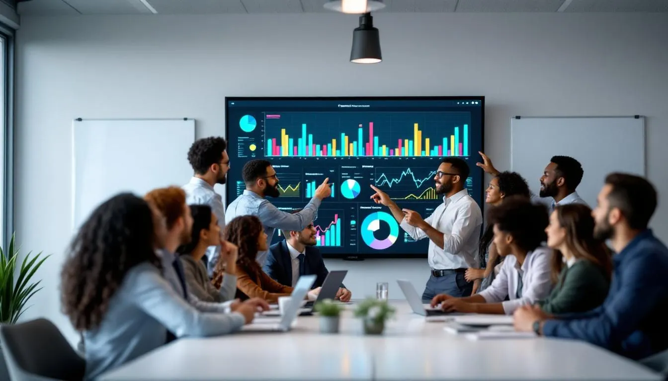 A diverse team of professionals is gathered around a large screen, analyzing various data charts and graphs, illustrating data visualization and predictive analytics. The scene highlights collaboration in data management, showcasing the importance of data integration and transformation in modern businesses.