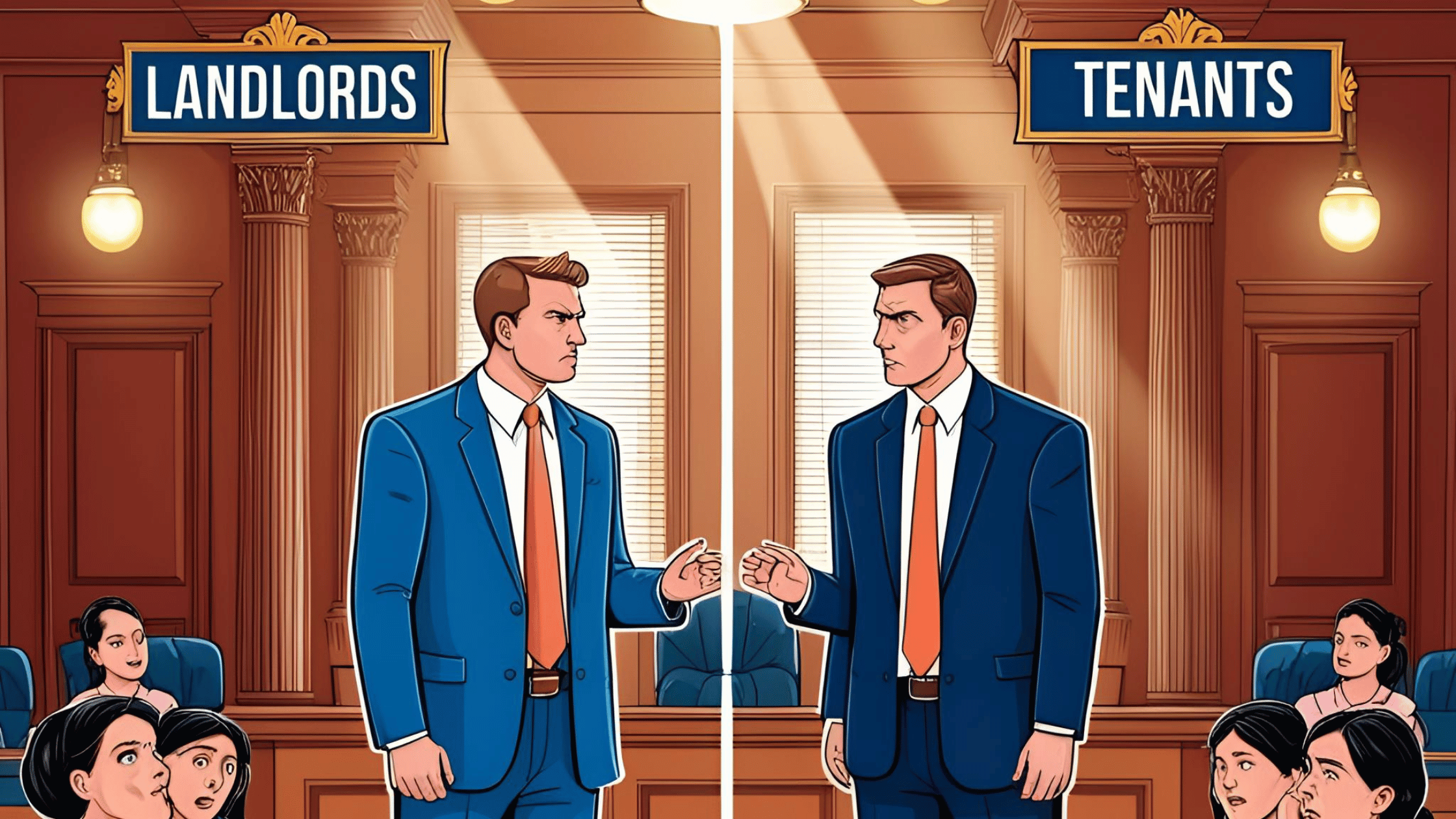 Illustration of a courtroom standoff between a landlord and a tenant, symbolizing legal disputes over pay rent obligations and control in a residential property setting.
