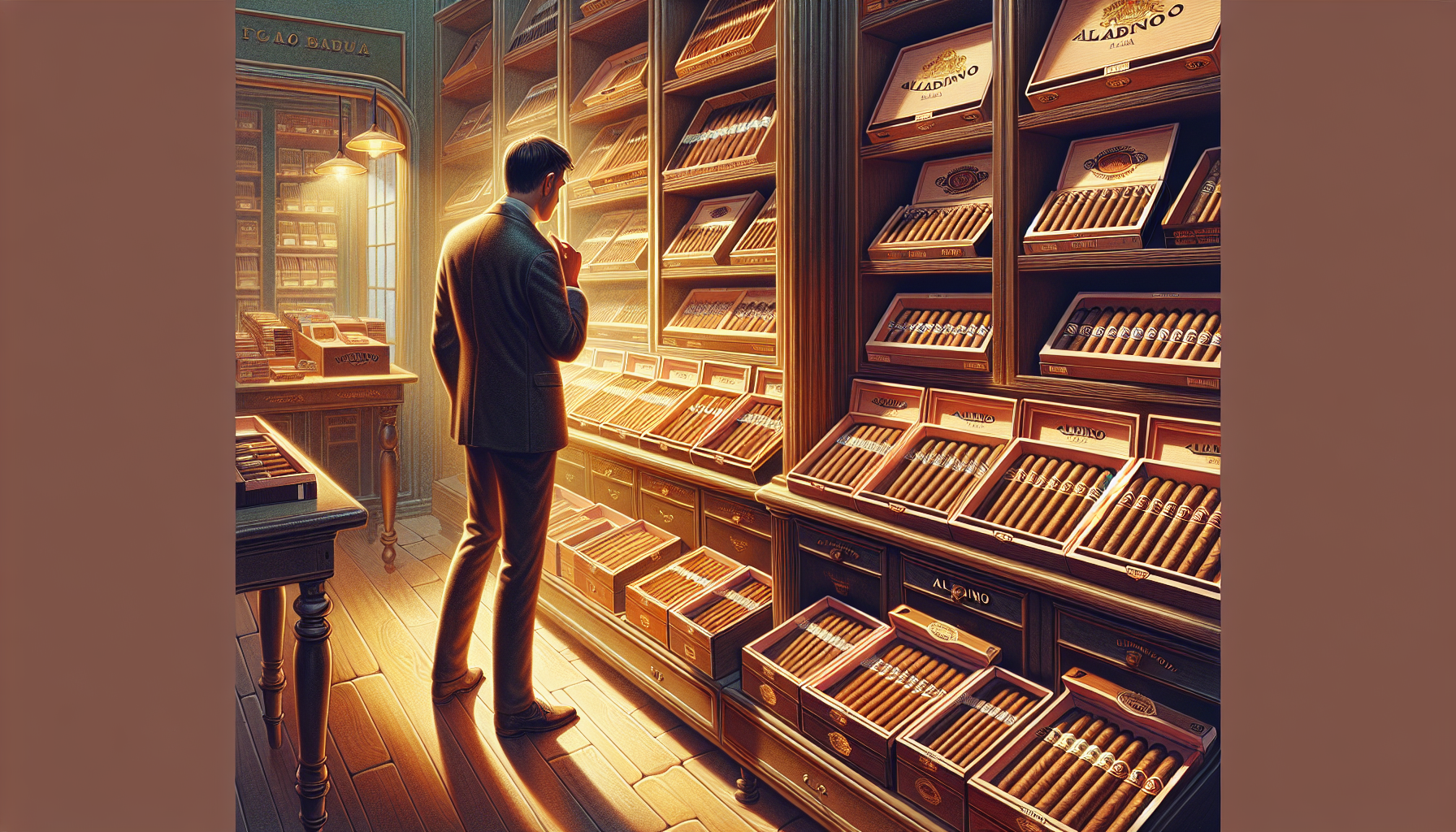 A person selecting Aladino cigars from a display.