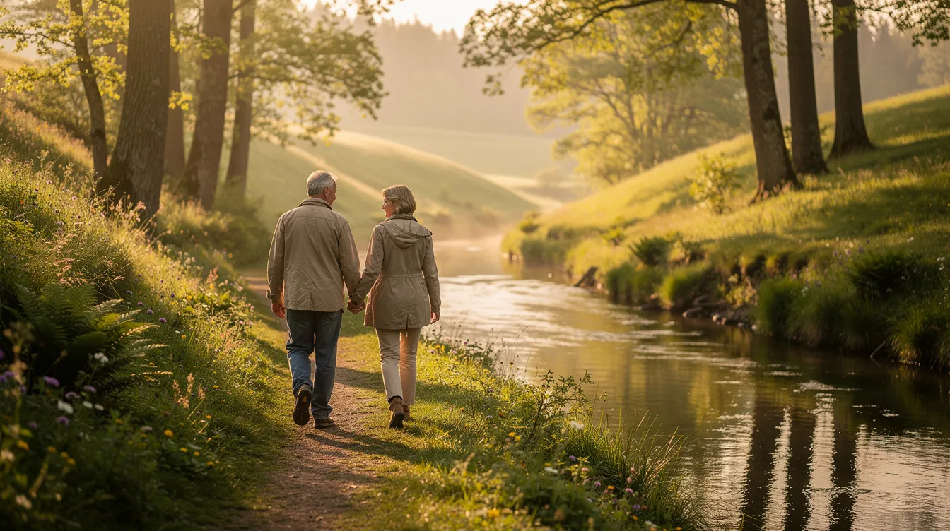 An older couple strolls hand in hand along a serene wooded creek path, surrounded by lush green rolling hills. Their leisurely walk reflects a peaceful moment in life, reminiscent of the important decisions they make together about their financial goals and future planning.
