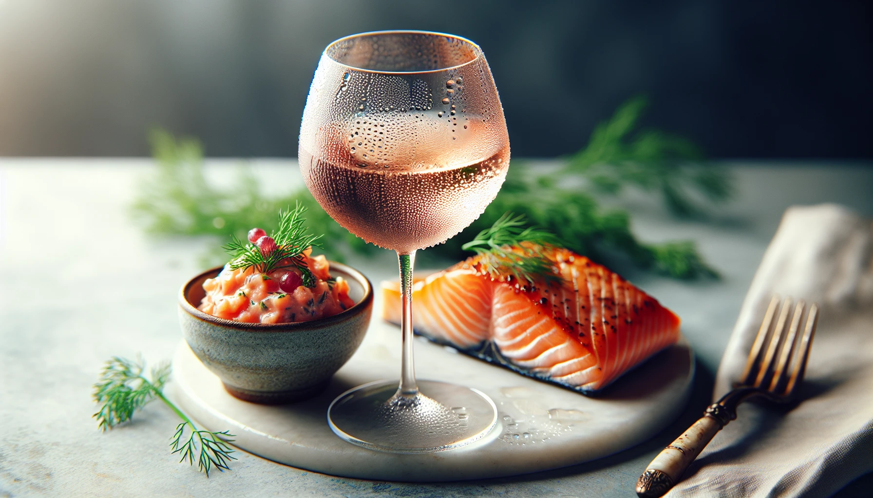 A refreshing glass of rosé with a grilled salmon fillet and a side of tartare.