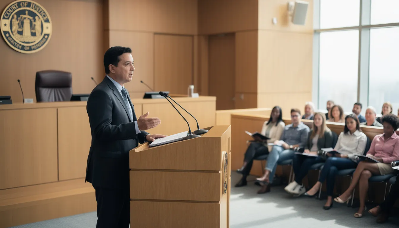 An attorney stands confidently at a podium in a modern courtroom, passionately presenting a case to a group of seated jurors, ready to bring justice to life. The atmosphere is focused as the jurors listen intently, eager to learn about the details of the case, which may involve a car crash.