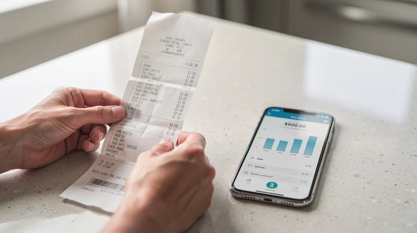 A pair of hands is holding a grocery receipt next to a smartphone on a kitchen counter, suggesting the use of mobile apps for budgeting or tracking expenses. This scene reflects the potential for users to earn cash rewards through scanning receipts or using money-making apps.