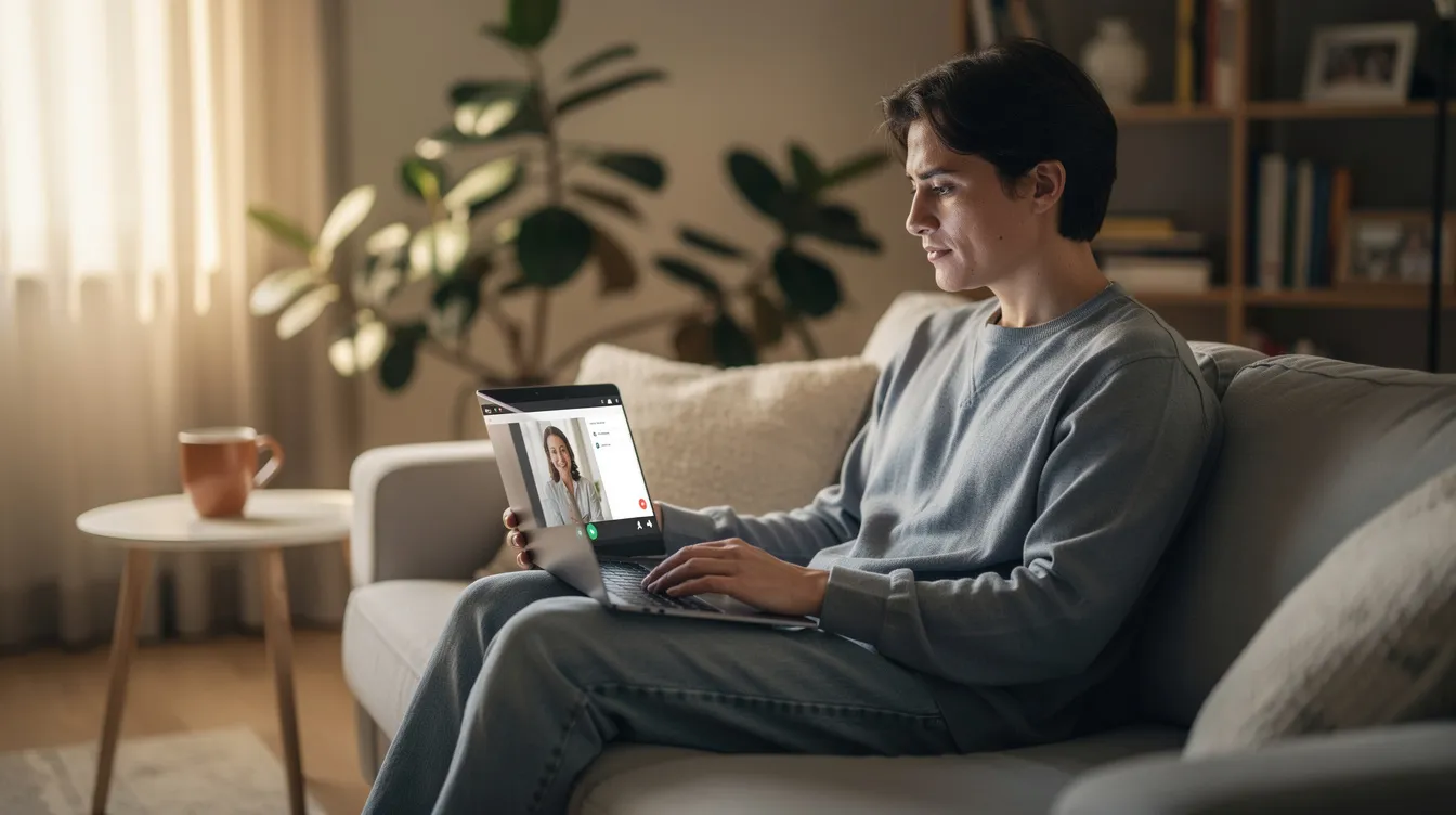A person is sitting comfortably at home, using a laptop for a private telehealth therapy session, highlighting the accessibility of mental health services. This scene emphasizes the importance of insurance coverage for therapy, showcasing how individuals can seek mental health treatment from the comfort of their own space.