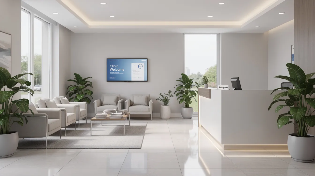 The image shows a medical clinic waiting room featuring a reception desk and several chairs arranged for patients. This space is designed to support critical operations and ensure operational continuity for the clinic's services.