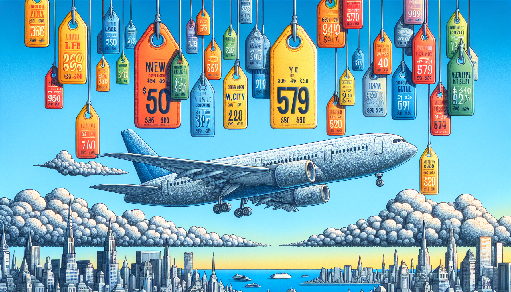 An illustration comparing flight costs for trips from NYC to Los Angeles, with price tags and airplanes.