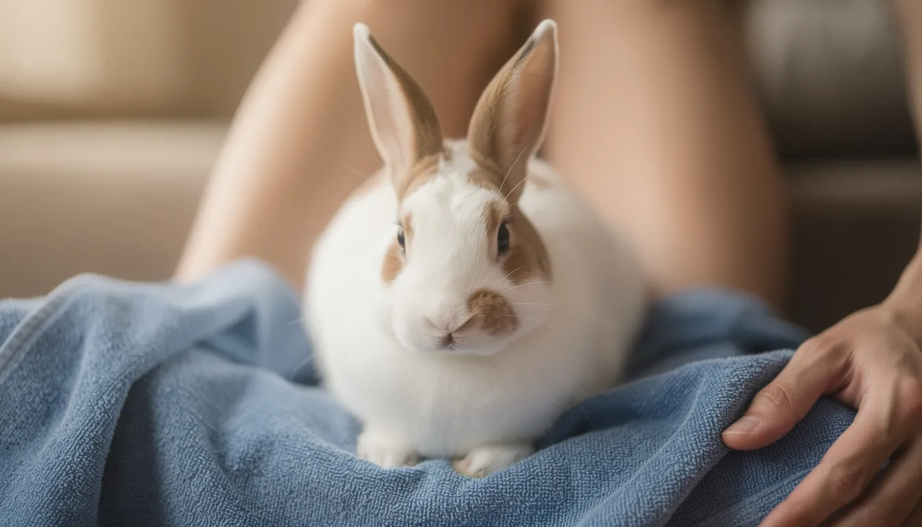 A calm white and brown rabbit is peacefully sitting on a blue towel in someone's lap, showcasing the gentle nature often associated with therapy animals. This adorable bunny provides emotional support and companionship, making it a wonderful presence for those in care centers or hospitals.
