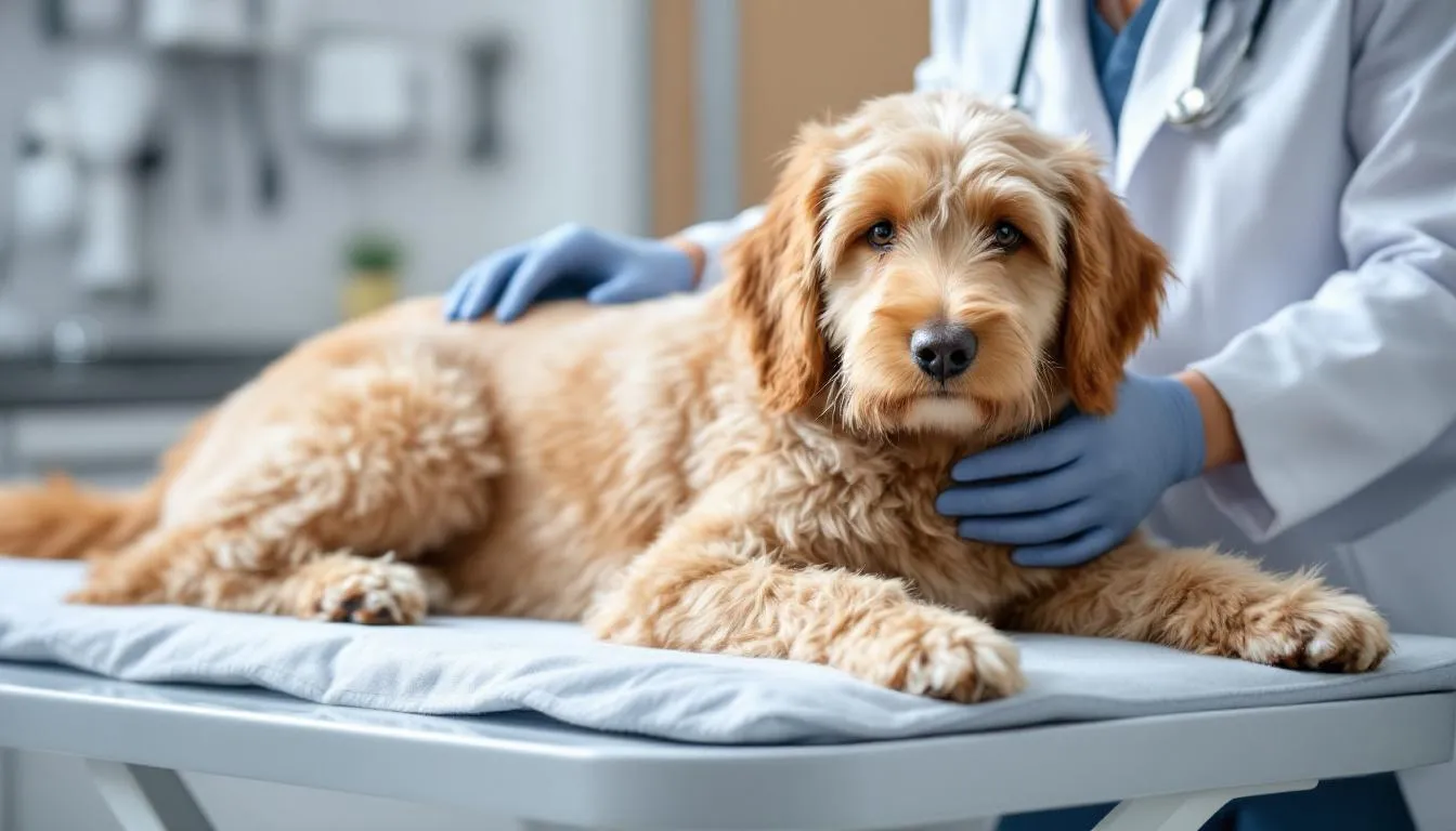 A pregnant Goldendoodle is gently examined by a veterinarian in a calm clinical setting, showcasing the importance of regular veterinary check-ups for pregnant dogs to ensure their health and the well-being of their future goldendoodle litter. The examination highlights the care necessary for determining litter size and the overall health of both the mother and her puppies.