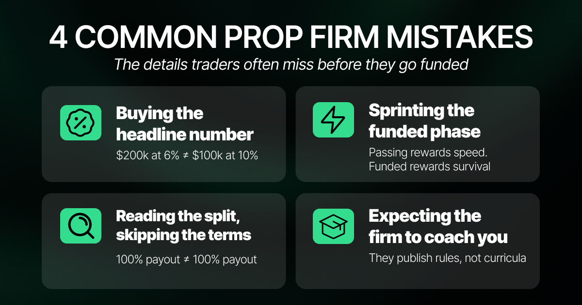 Dark graphic titled "4 COMMON PROP FIRM MISTAKES" with the subheading "The details traders often miss before they go funded." Four cards, each with a mint green icon. Top left, discount tag icon: "Buying the headline number" with the note "$200k at 6% ≠$100k at 10%." Top right, lightning bolt icon: "Sprinting the funded phase" with the note "Passing rewards speed. Funded rewards survival." Bottom left, magnifying glass icon: "Reading the split, skipping the terms" with the note "100% payout ≠100% payout." Bottom right, graduation cap icon: "Expecting the firm to coach you" with the note "They publish rules, not curricula."